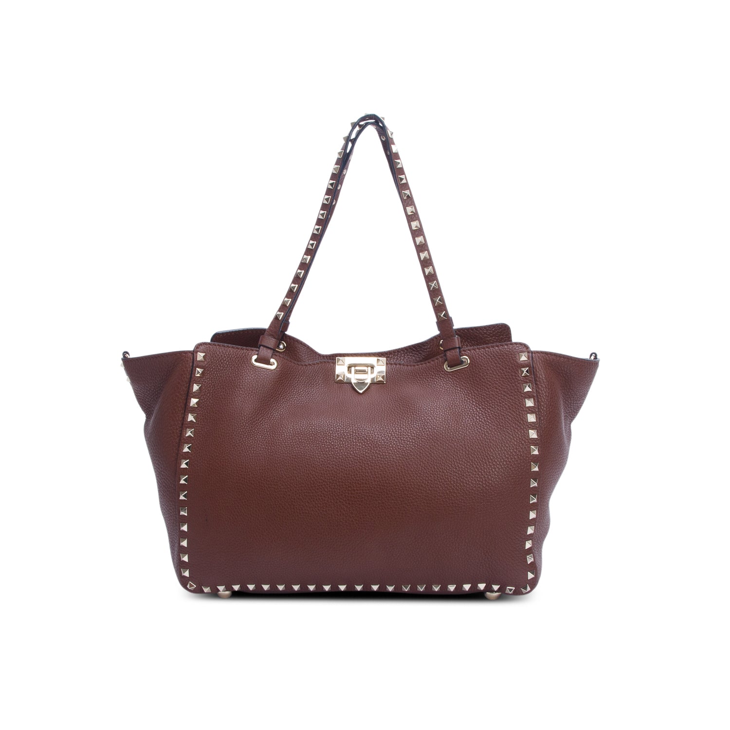 Valentino Brown Pebbled Calfskin Medium Rockstud Tote w/ Strap