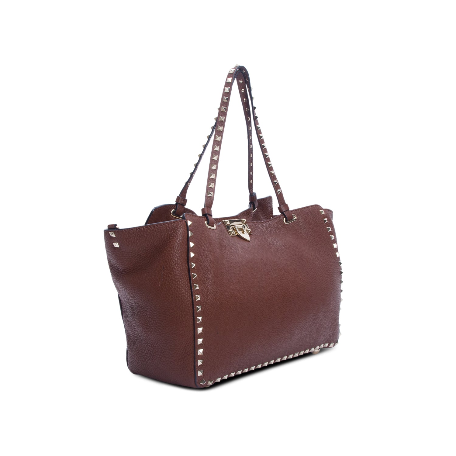 Valentino Brown Pebbled Calfskin Medium Rockstud Tote w/ Strap