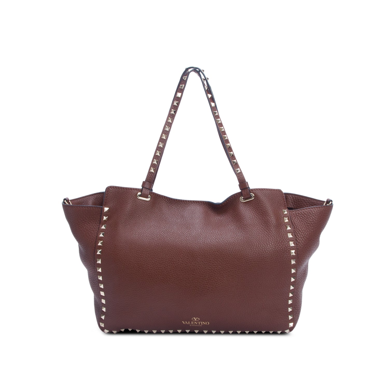 Valentino Brown Pebbled Calfskin Medium Rockstud Tote w/ Strap