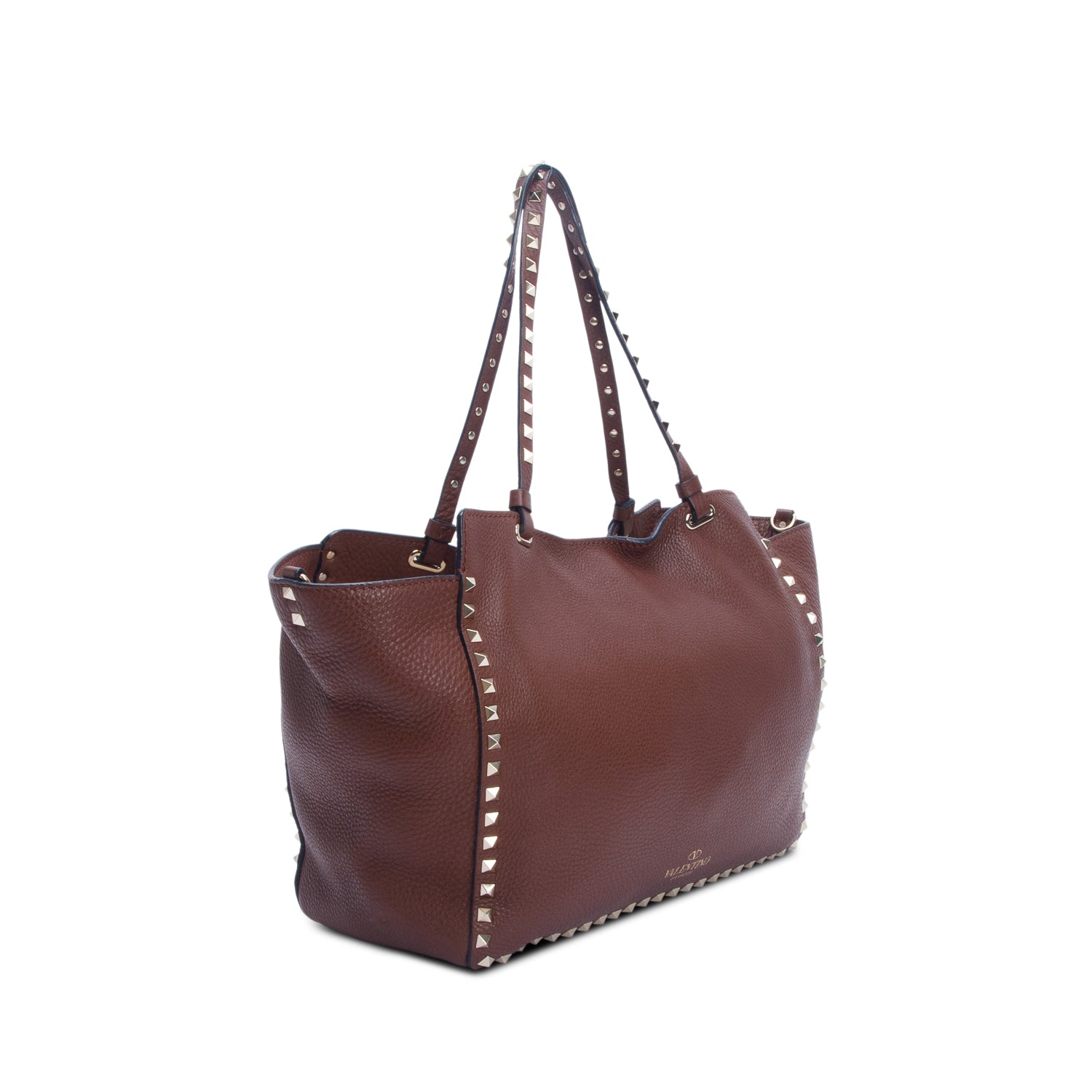 Valentino Brown Pebbled Calfskin Medium Rockstud Tote w/ Strap