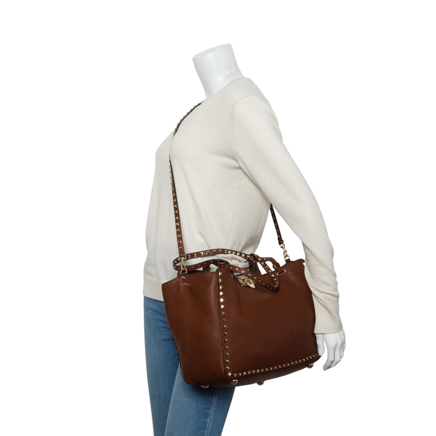 Valentino Brown Pebbled Calfskin Medium Rockstud Tote w/ Strap