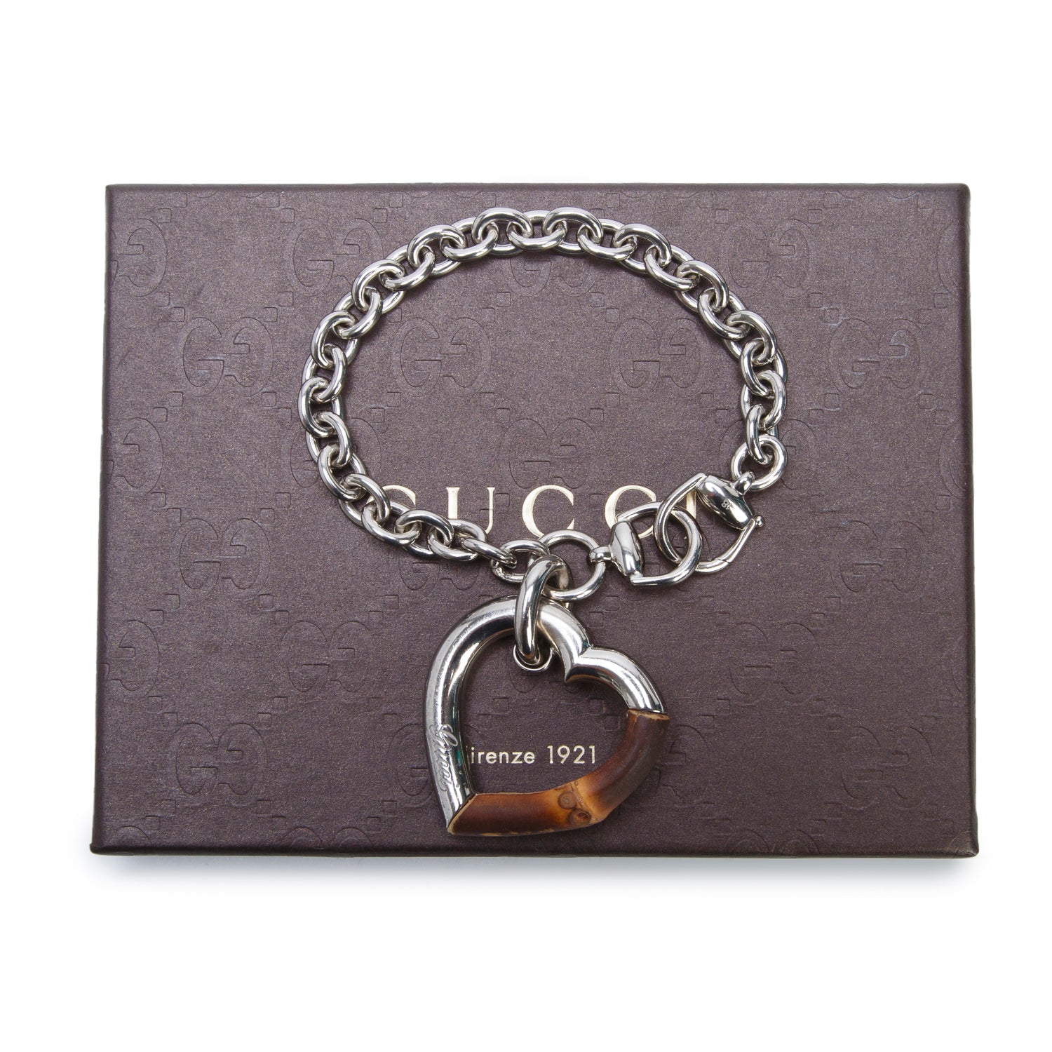 Gucci Sterling Silver Wood Bamboo Heart Charm Bracelet w/ Box