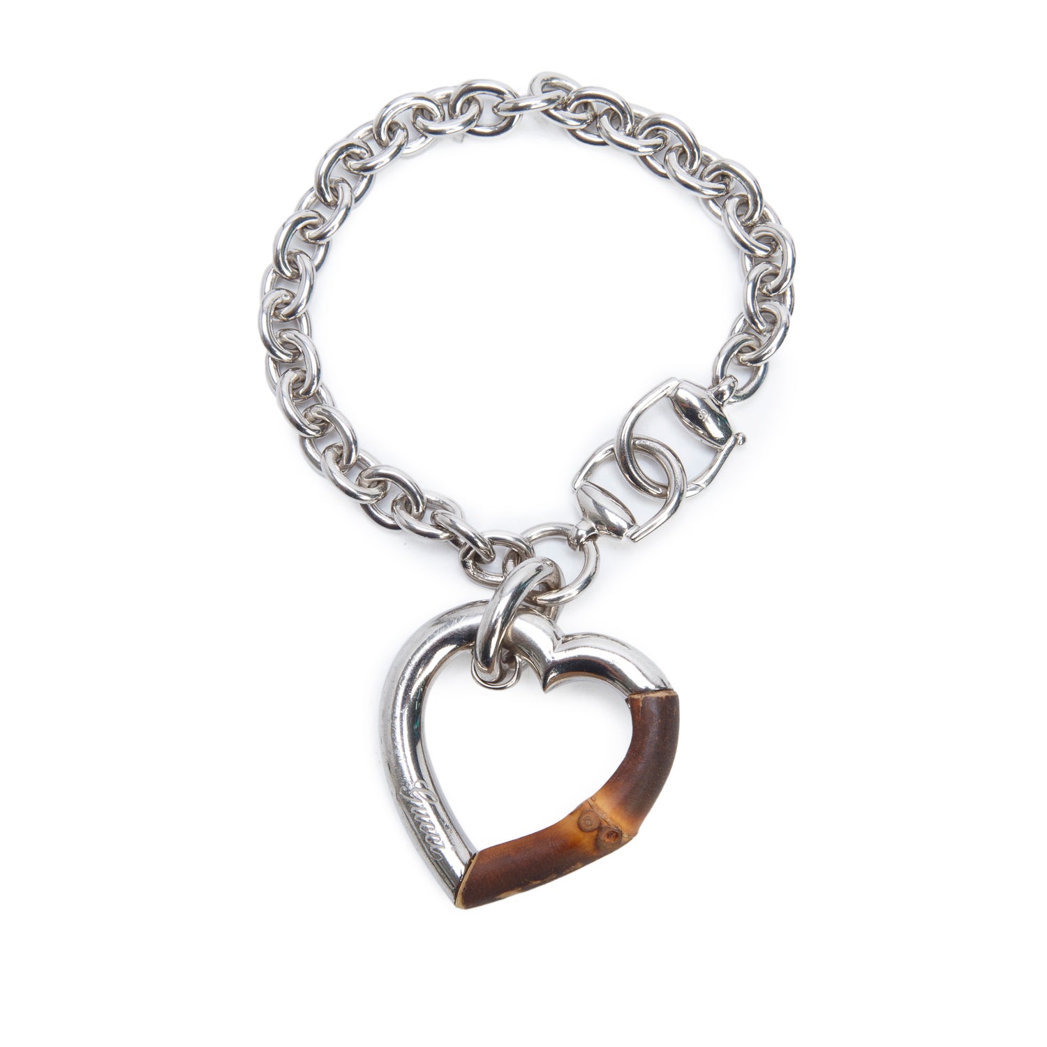 Gucci Sterling Silver Wood Bamboo Heart Charm Bracelet w/ Box