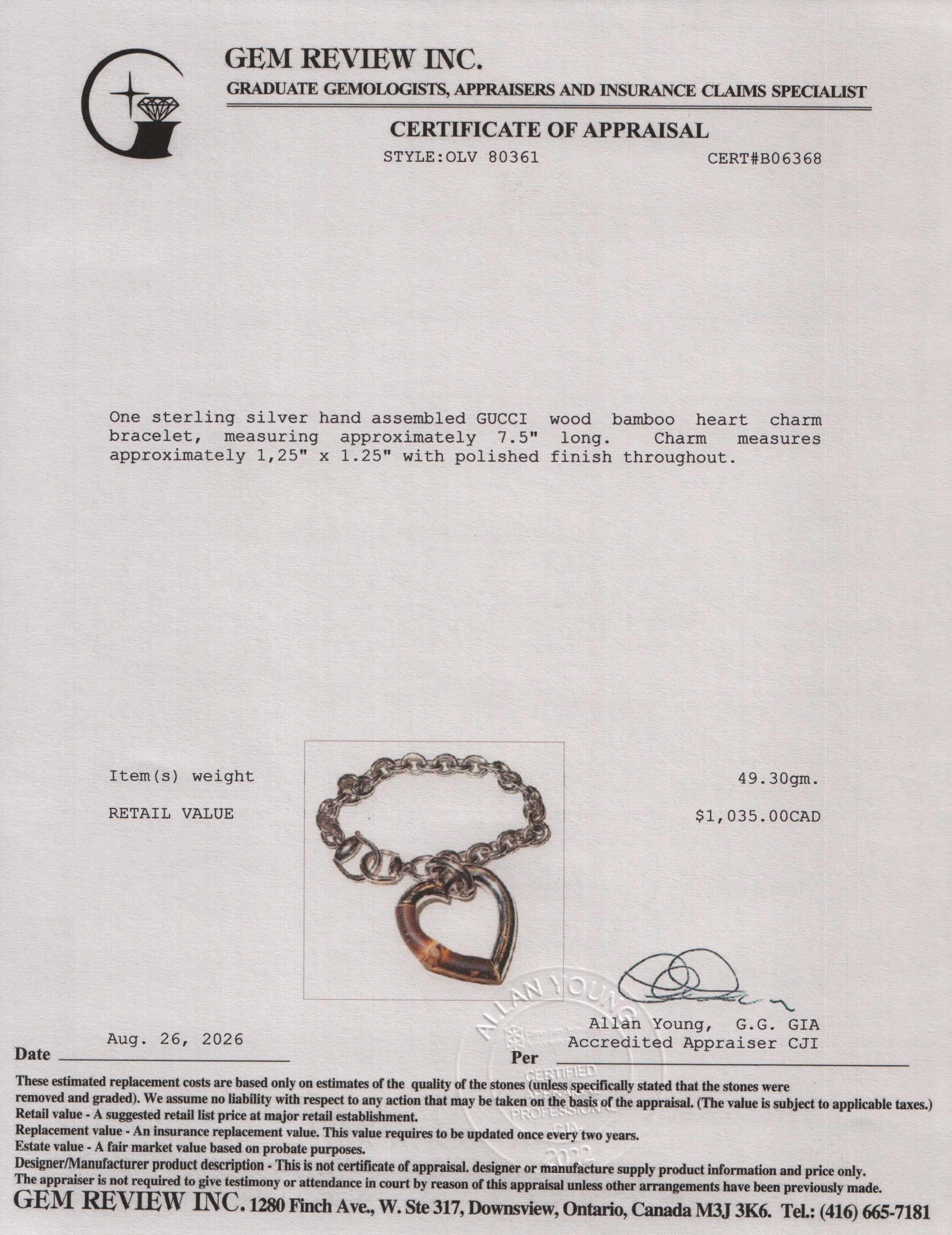Gucci Sterling Silver Wood Bamboo Heart Charm Bracelet w/ Box