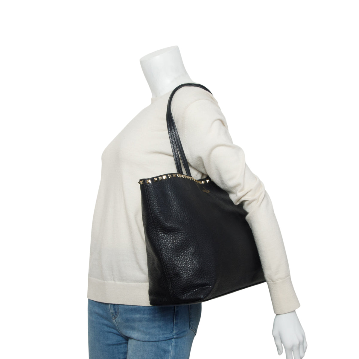 Valentino Black Grained Calfskin Large Rockstud Tote