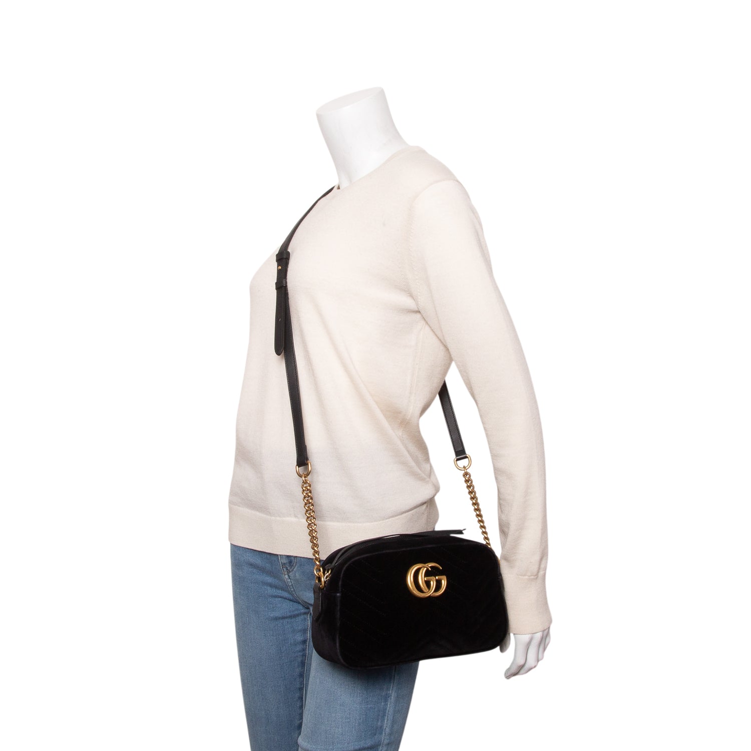Gucci Black Velvet GG Marmont Matelasse Small Camera Bag