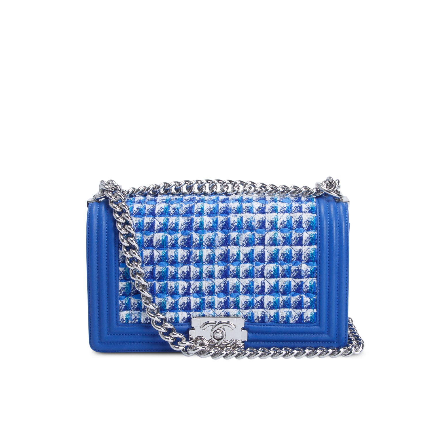 Chanel Blue Tweed Calfskin Medium Boy Bag w/ Authenticity Card