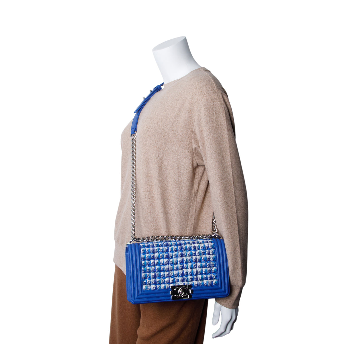 Chanel Blue Tweed Calfskin Medium Boy Bag w/ Authenticity Card