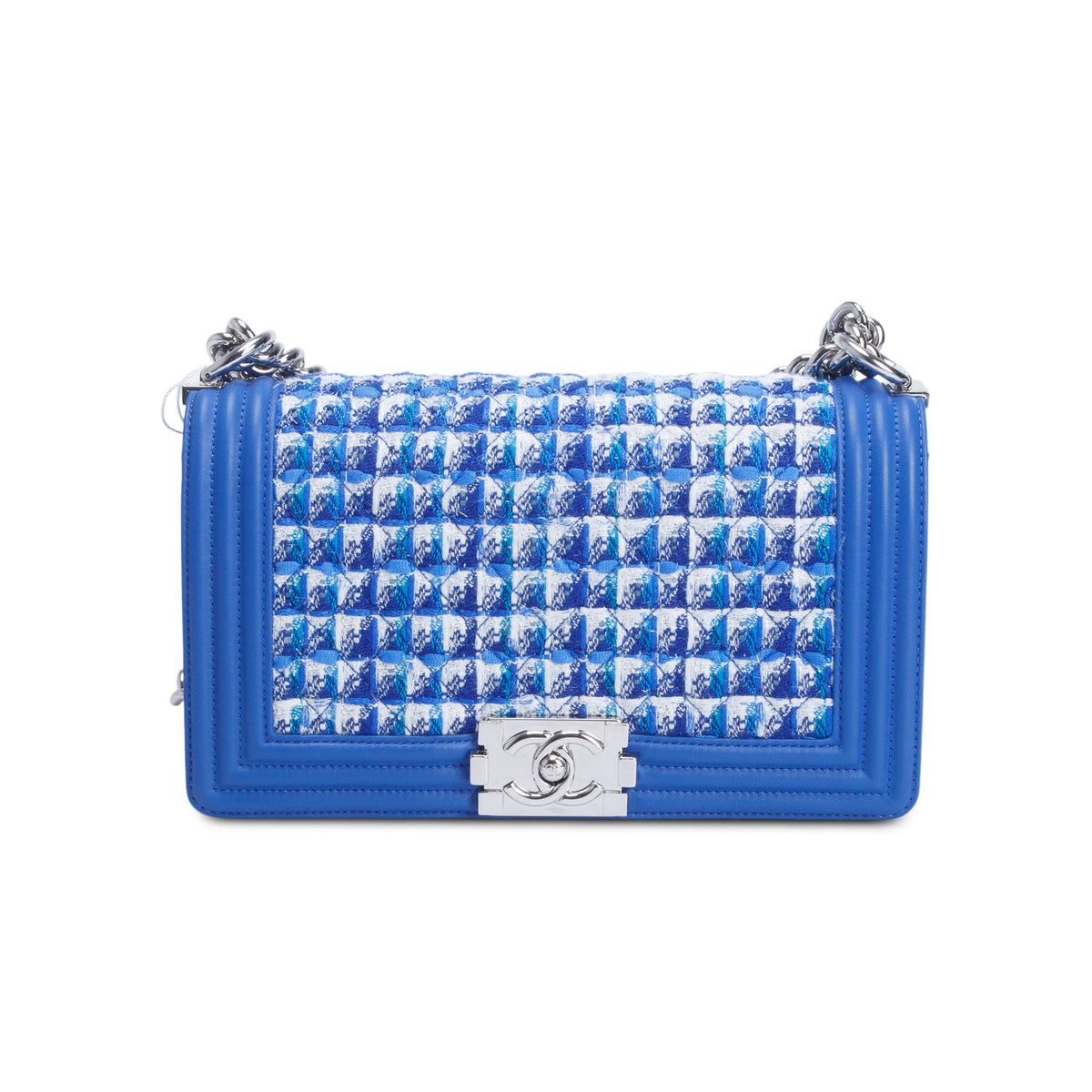 Chanel Blue Tweed Calfskin Medium Boy Bag w/ Authenticity Card