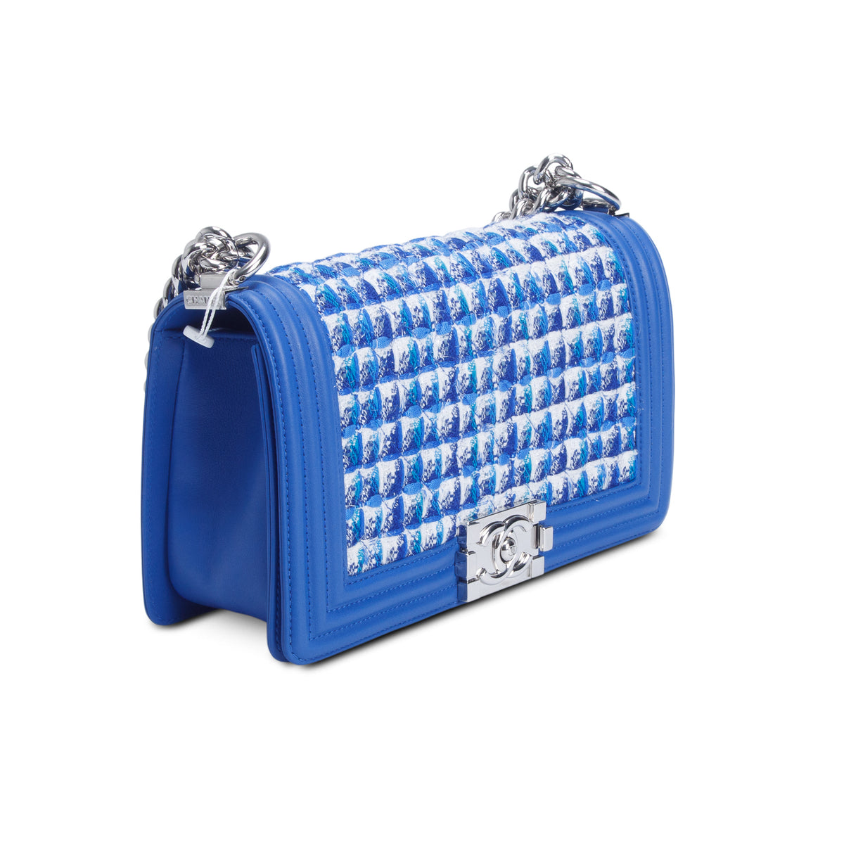 Chanel Blue Tweed Calfskin Medium Boy Bag w/ Authenticity Card