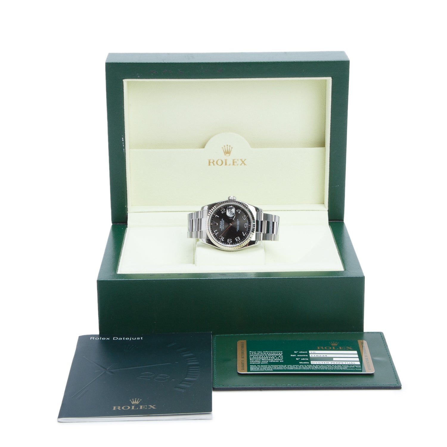Rolex Stainless Steel Datejust 36 MM Automatic Watch Black Roulette Dial 116234 w/ Box & Papers