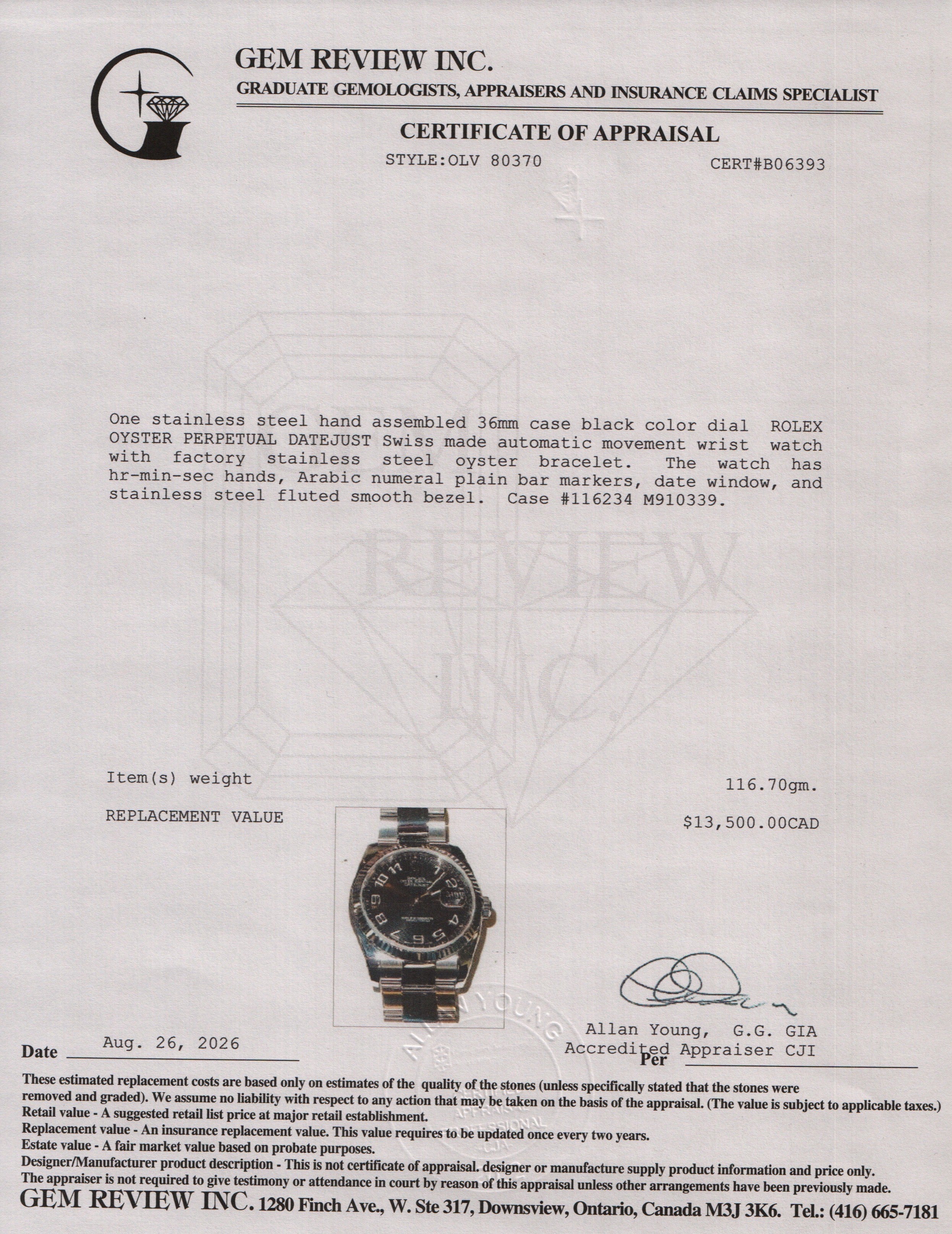 Rolex Stainless Steel Datejust 36 MM Automatic Watch Black Roulette Dial 116234 w/ Box & Papers