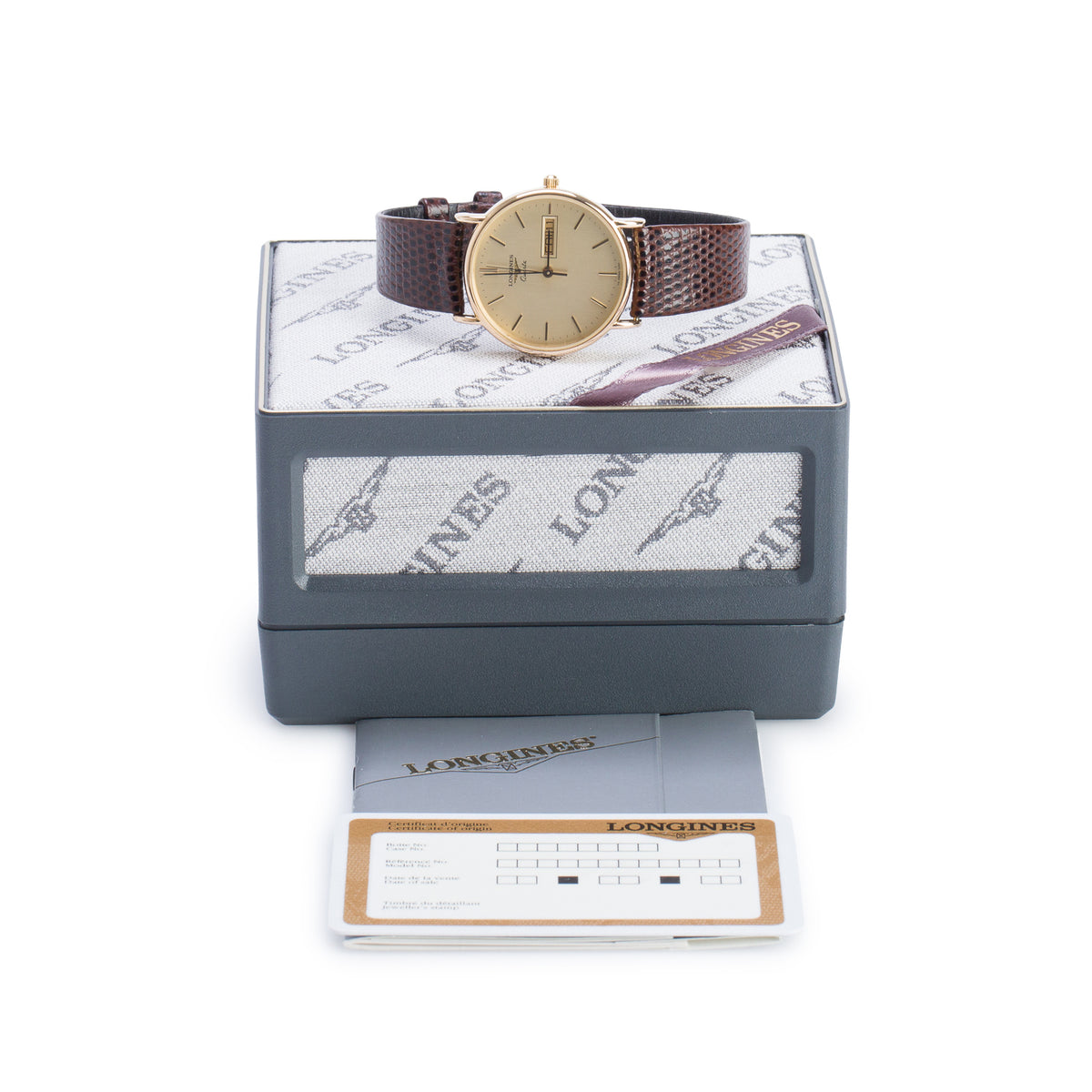 Longines Vintage Gold Plated Stainless Steel 33 MM Quartz Day Date Watch Gold Dial w/ Box