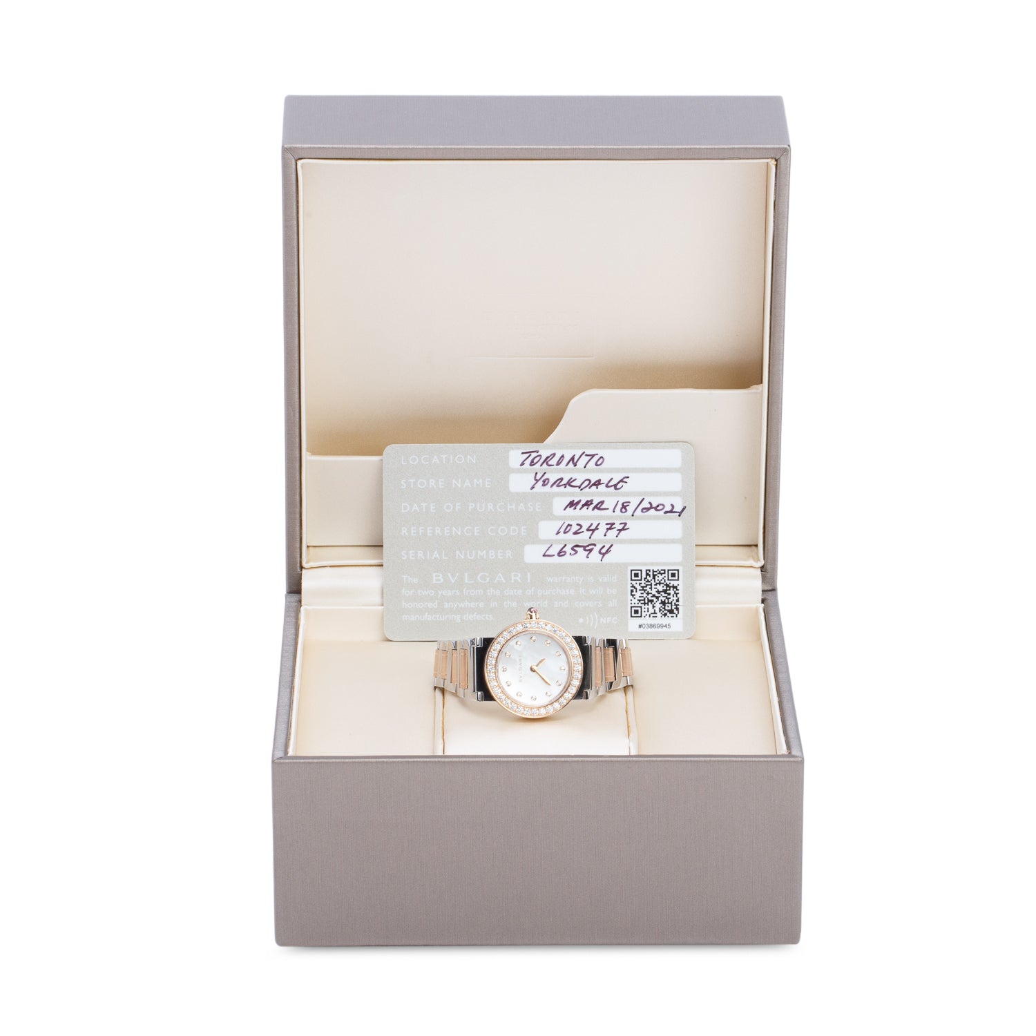 BVLGARI 2021 Stainless Steel & 18k Rose Gold Diamond Bezel BVLGARI 26 MM Quartz Watch Diamond Mother of Pearl Dial w/ Box & Papers