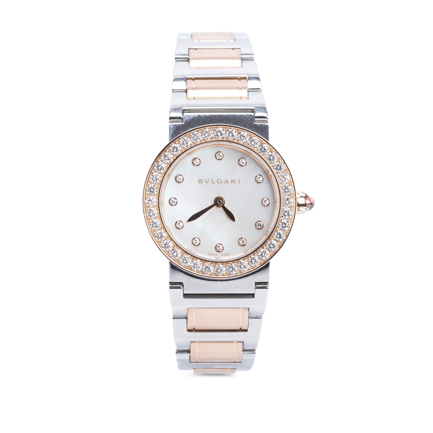 BVLGARI 2021 Stainless Steel & 18k Rose Gold Diamond Bezel BVLGARI 26 MM Quartz Watch Diamond Mother of Pearl Dial w/ Box & Papers