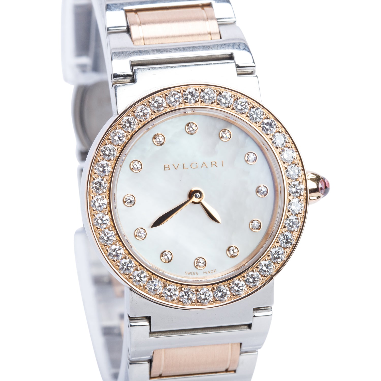 BVLGARI 2021 Stainless Steel & 18k Rose Gold Diamond Bezel BVLGARI 26 MM Quartz Watch Diamond Mother of Pearl Dial w/ Box & Papers