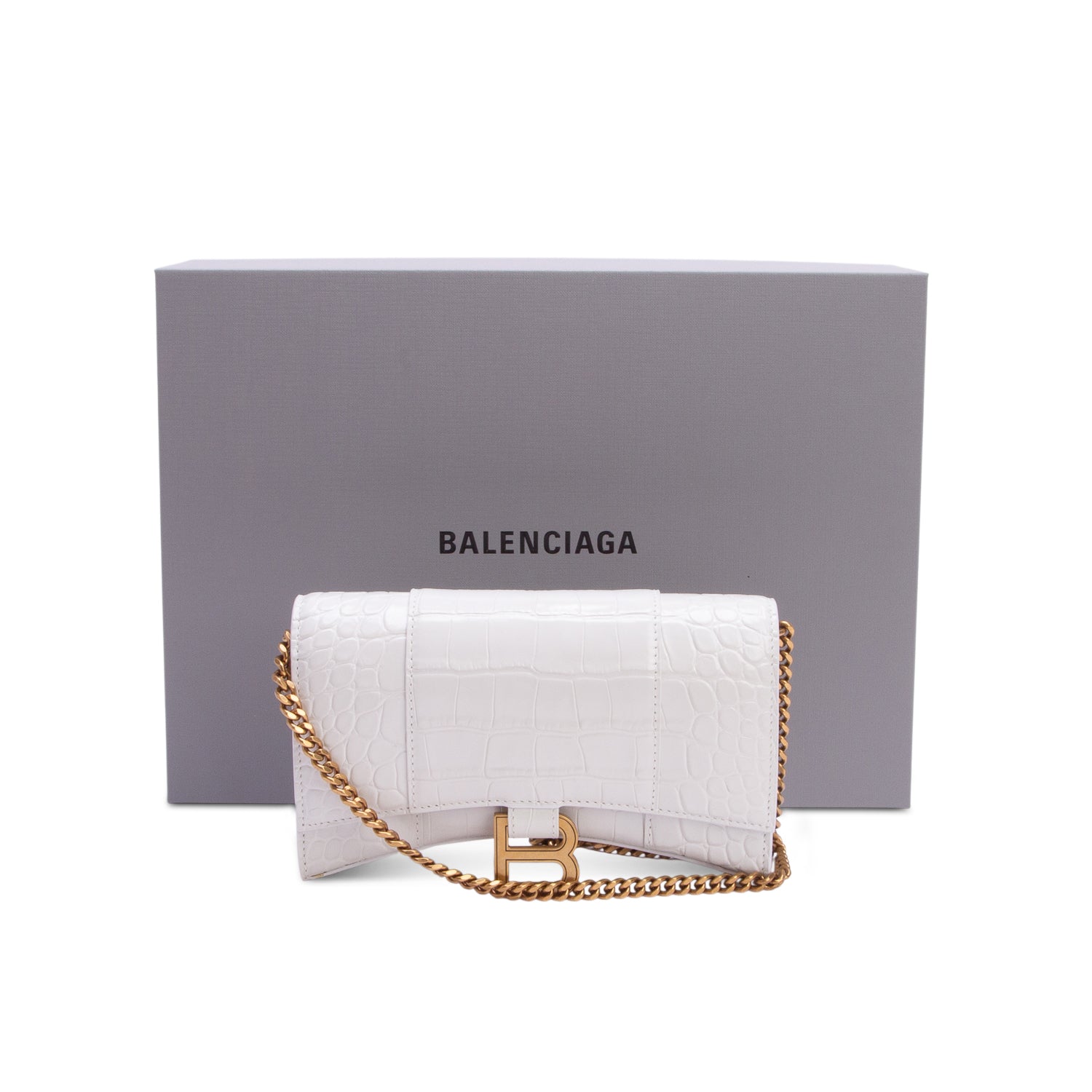 Balenciaga White Shiny Calfskin Croc Embossed Hourglass Wallet on Chain w/ Box
