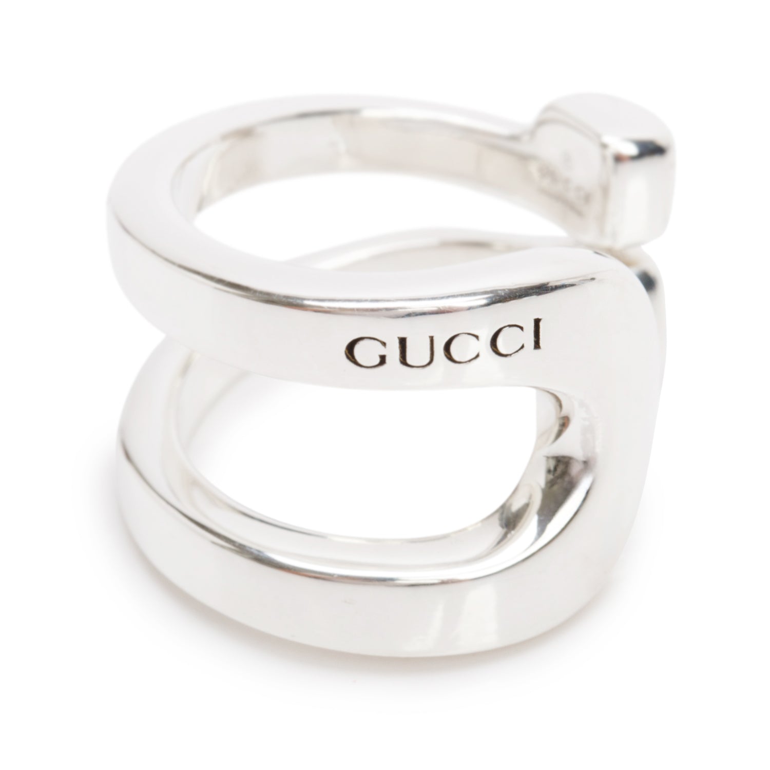 Gucci Sterling Silver Wide Stirrup Wrapped Horsebit Ring, Size 9.5