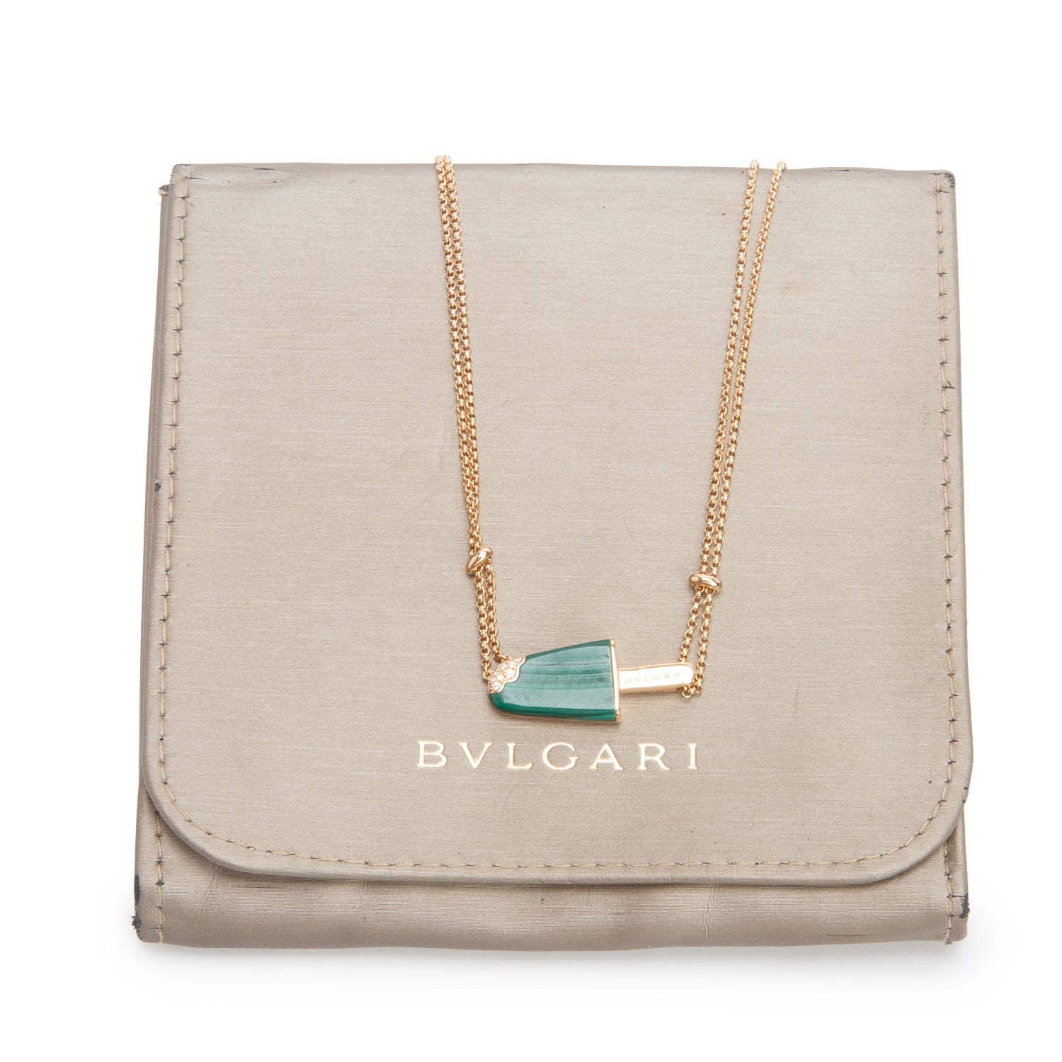 BVLGARI 18k Rose Gold Malachite & Diamond Gelati Pendant Necklace w/ Pouch & Receipt