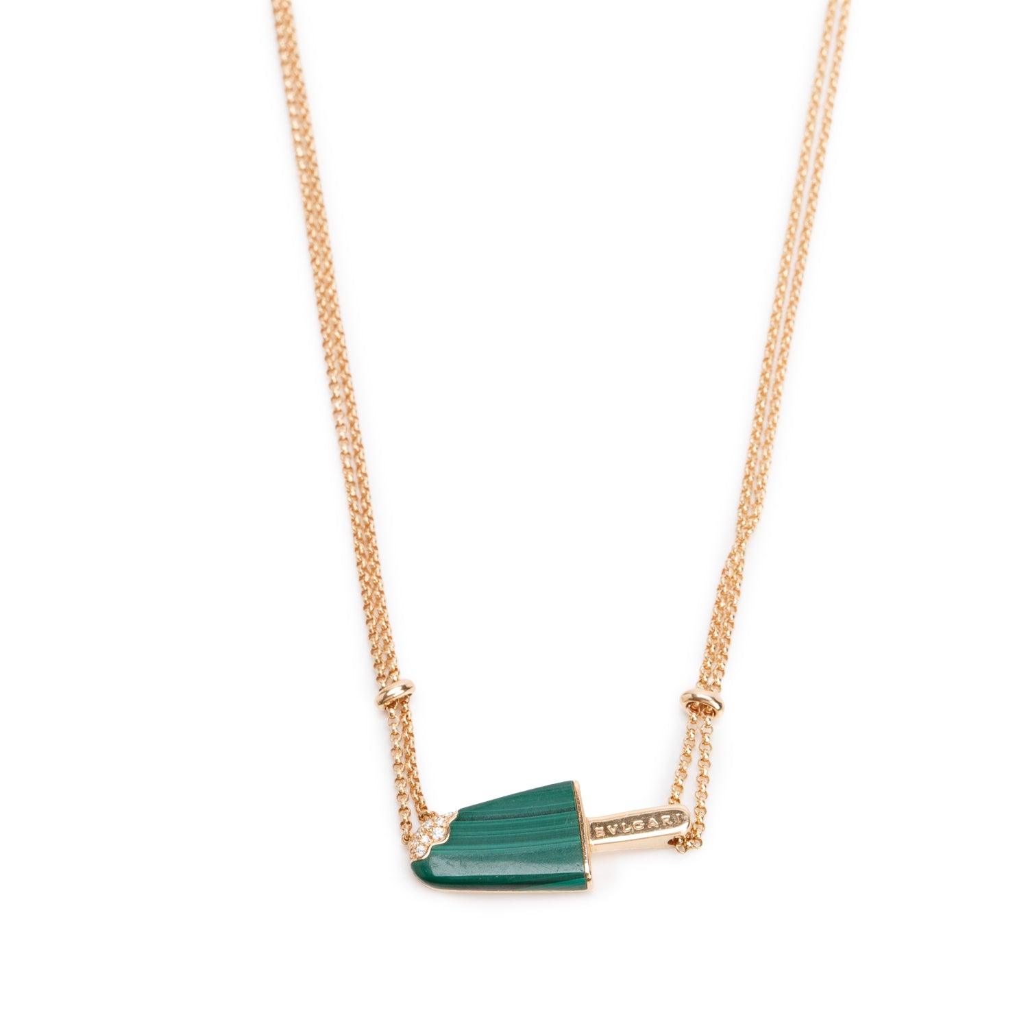 BVLGARI 18k Rose Gold Malachite & Diamond Gelati Pendant Necklace w/ Pouch & Receipt
