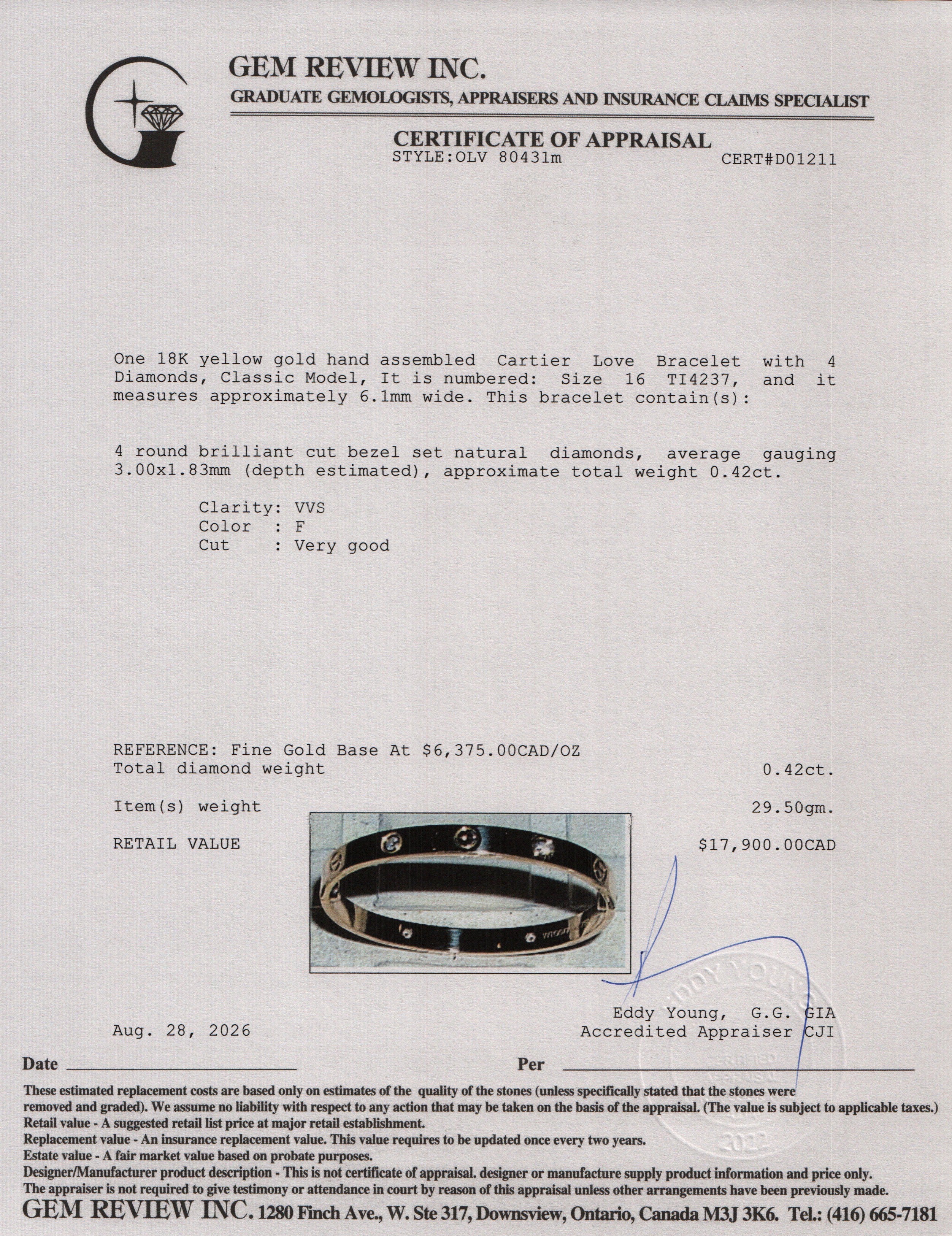 Cartier 18k Rose Gold Love Bracelet with 4 Diamonds, Classic Model Size 16 w/ Box & Receipt