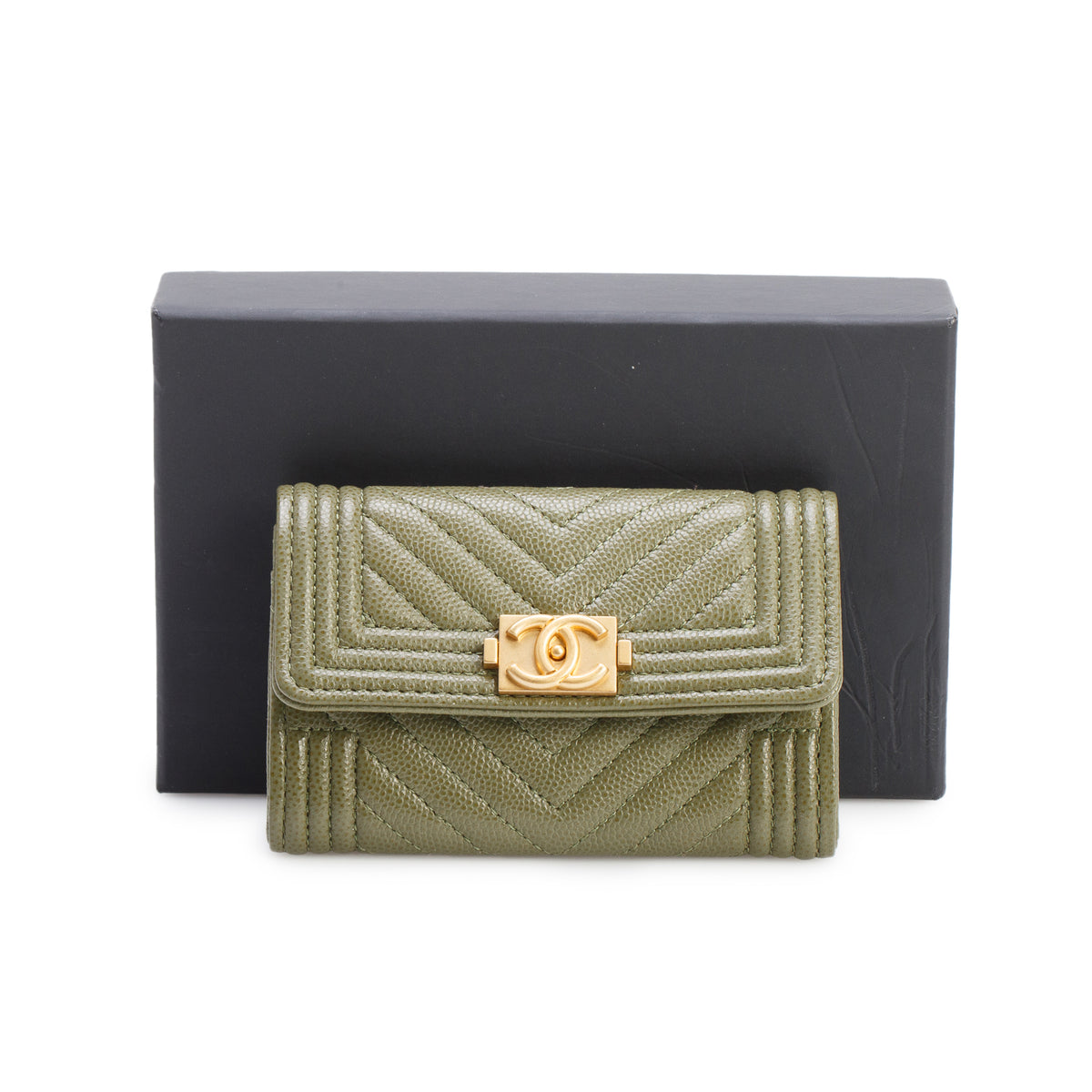 Chanel 2021 Khaki Green Chevron Calfskin Boy Flap Card Holder w/ Box & Authenticity Card