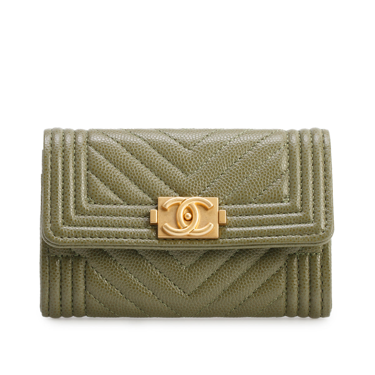 Chanel 2021 Khaki Green Chevron Calfskin Boy Flap Card Holder w/ Box & Authenticity Card