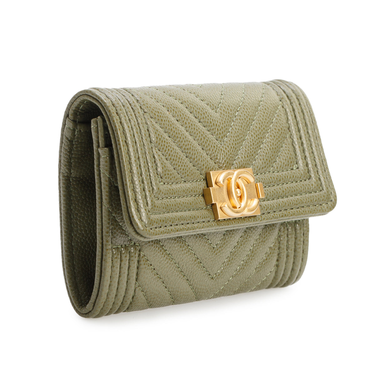 Chanel 2021 Khaki Green Chevron Calfskin Boy Flap Card Holder w/ Box & Authenticity Card
