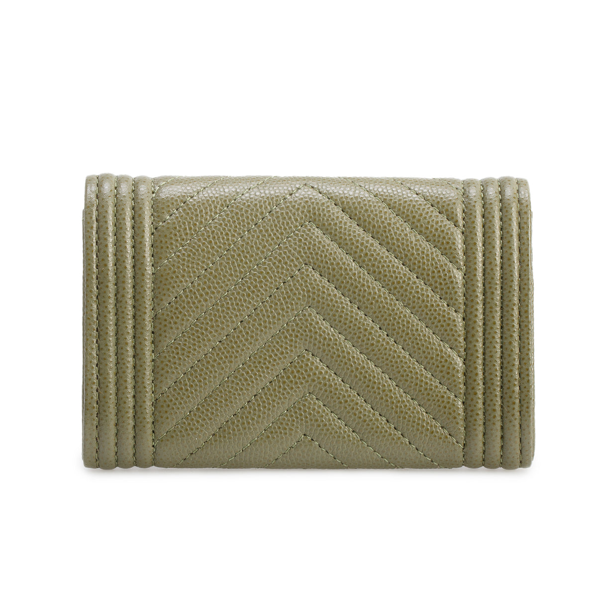 Chanel 2021 Khaki Green Chevron Calfskin Boy Flap Card Holder w/ Box & Authenticity Card