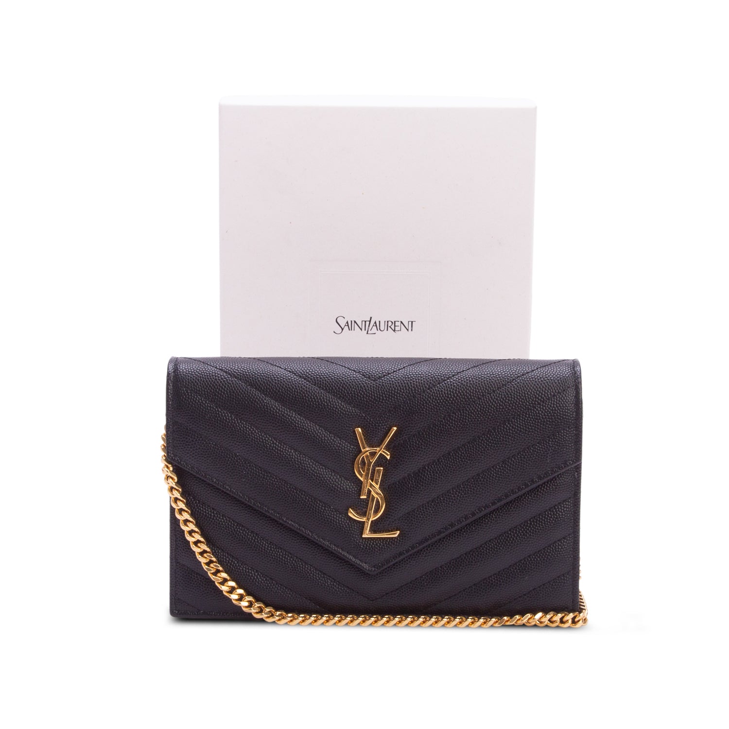 Saint Laurent 2025 Black Grain De Poudre Chevron Cassandre Envelope Chain Wallet w/ Box