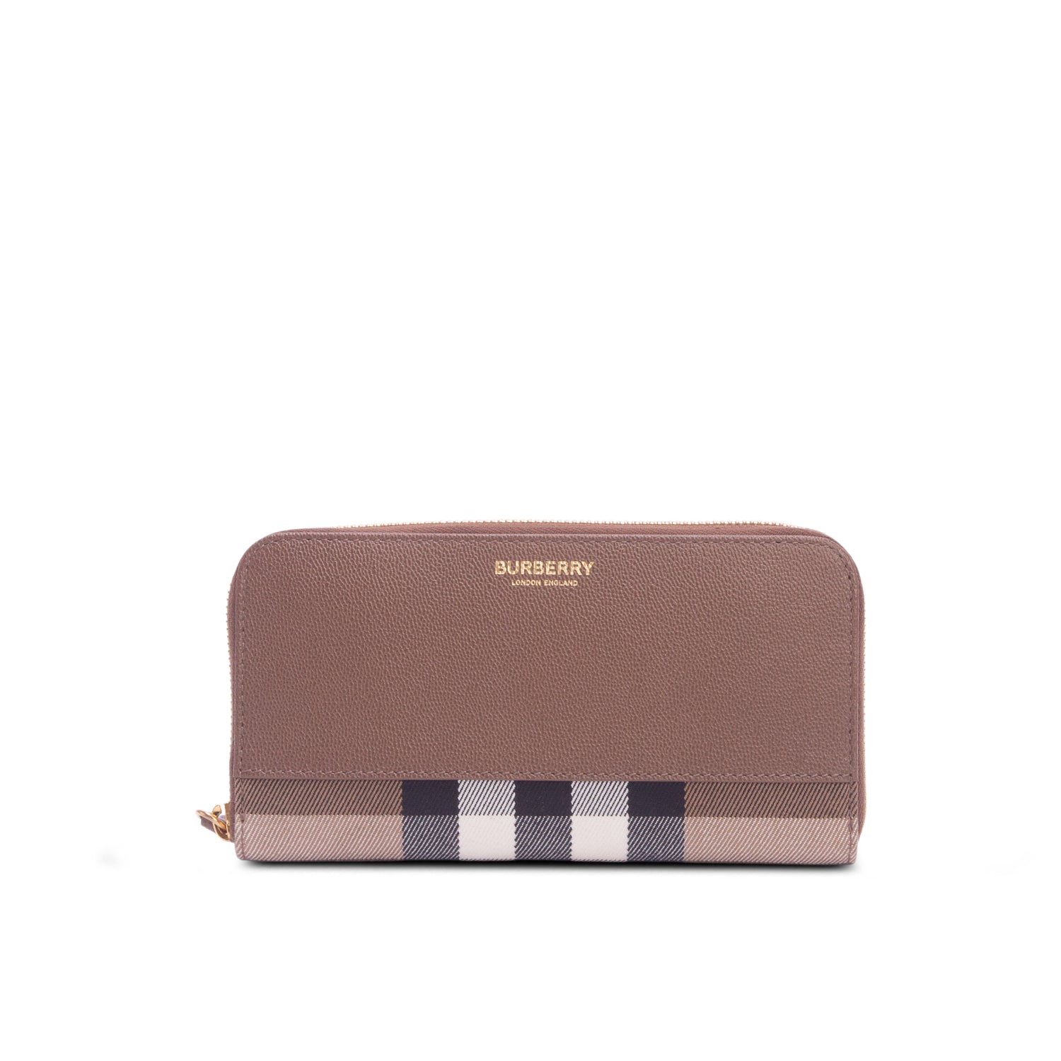 Burberry Large Check  and Brown Leather Long Zip Wallet