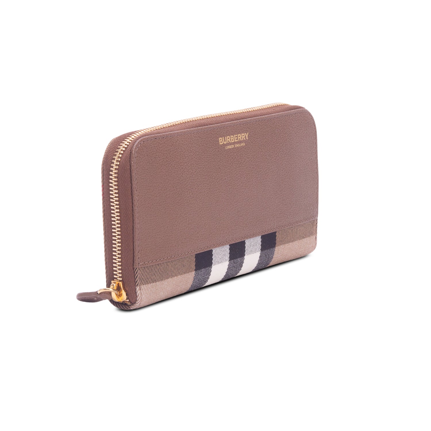 Burberry Large Check  and Brown Leather Long Zip Wallet