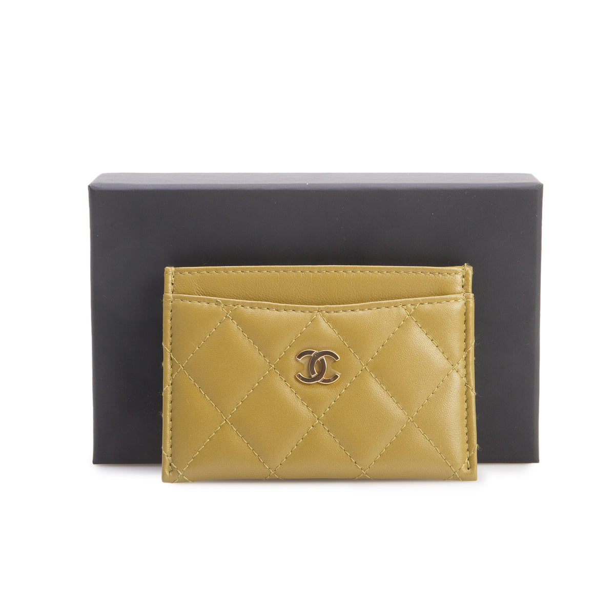 Chanel Green Quilted Lambskin Leather Classic Card Holder w/ Box