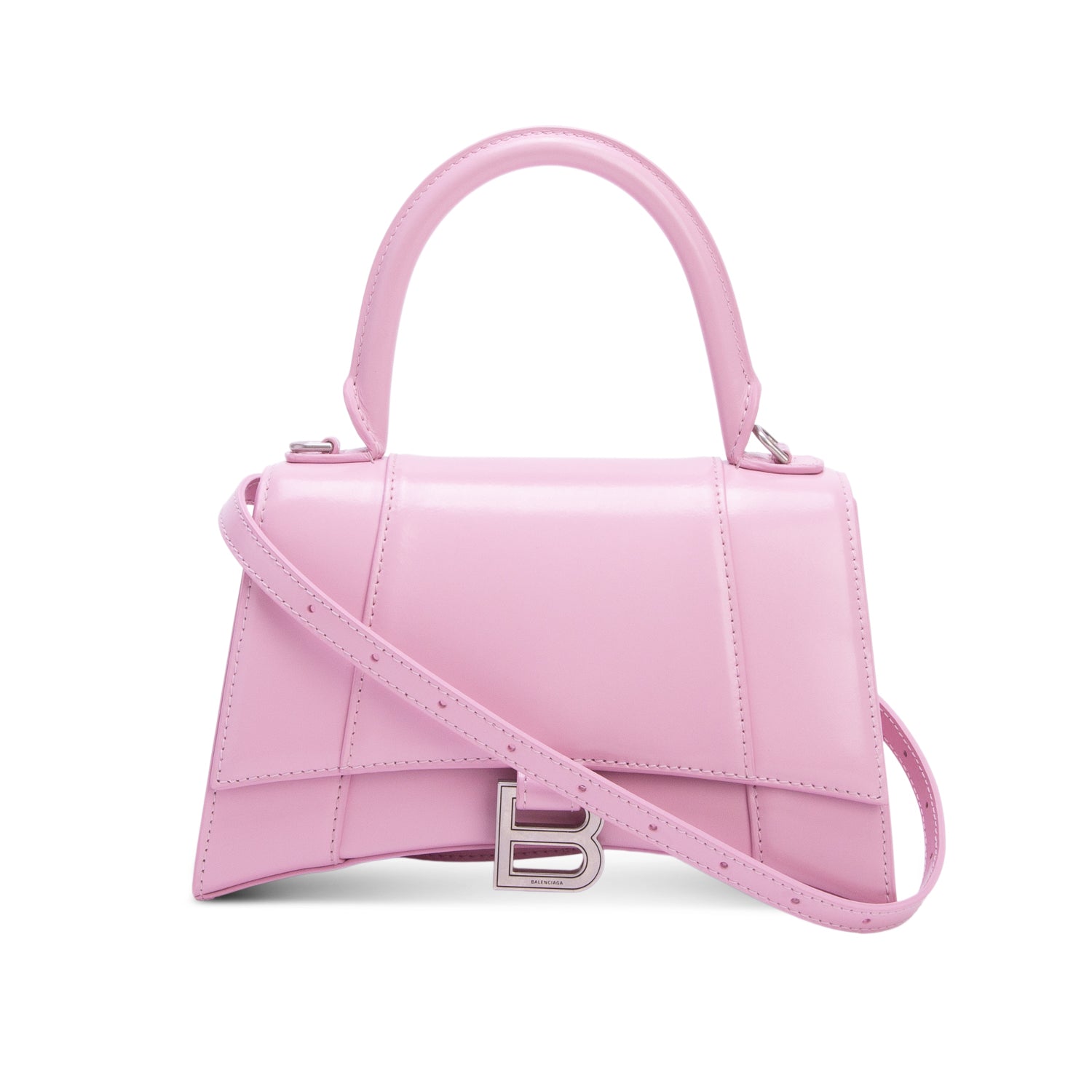 Balenciaga Pink Shiny Box Calfskin Leather Small Hourglass Top Handle Bag w/ Strap