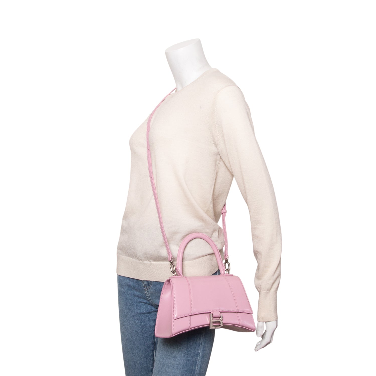 Balenciaga Pink Shiny Box Calfskin Leather Small Hourglass Top Handle Bag w/ Strap