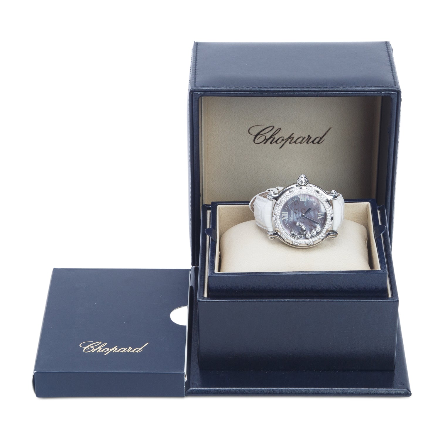 Chopard Stainless Steel & 18k White Gold Diamond Bezel Happy Sport Floating Diamond & Horseshoe 38 MM Quartz Watch Mother of Pearl Dial w/ Box, Extra Straps & Papers