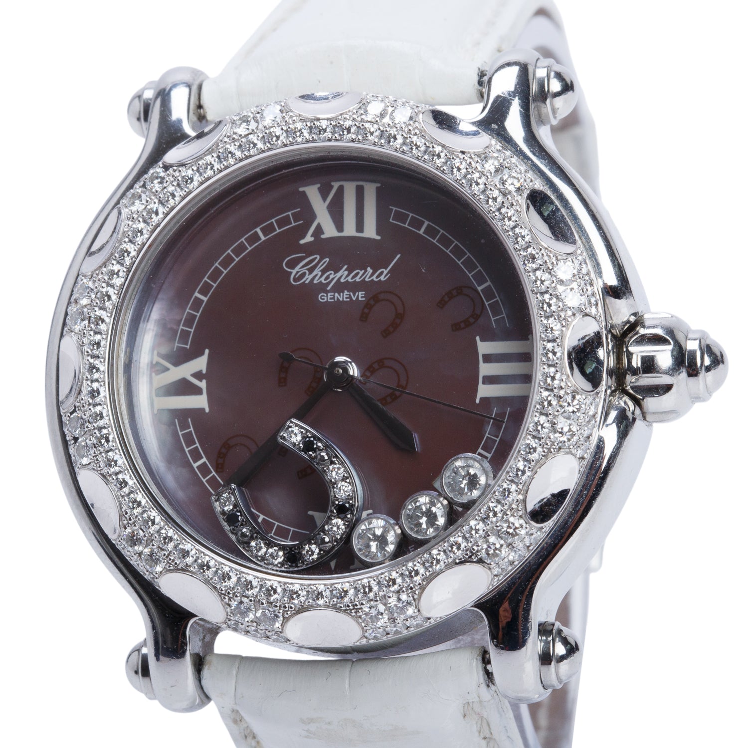 Chopard Stainless Steel & 18k White Gold Diamond Bezel Happy Sport Floating Diamond & Horseshoe 38 MM Quartz Watch Mother of Pearl Dial w/ Box, Extra Straps & Papers
