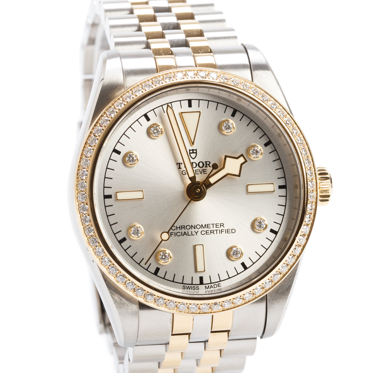 Tudor 2026 Stainless Steel & 18k Yellow Gold Diamond Bezel Black Bay One 36 MM Automatic Watch Silver Diamond Dial 79653 w/ Box & Papers