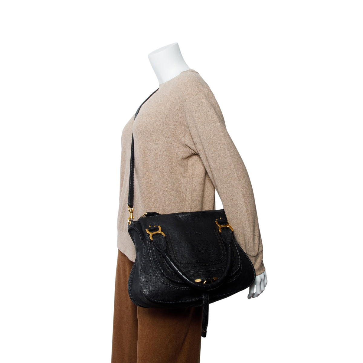 Chloe Black Calfskin Leather Medium Marcie Shoulder Bag w/ Strap
