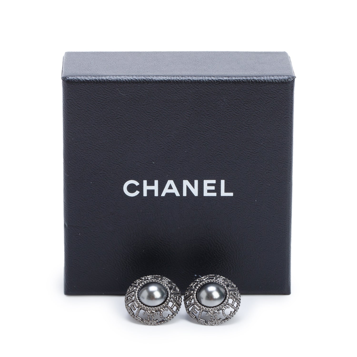 Chanel Ruthenium Plated Faux Pearl Logo Round Stud Earrings w/ Box & Receipt