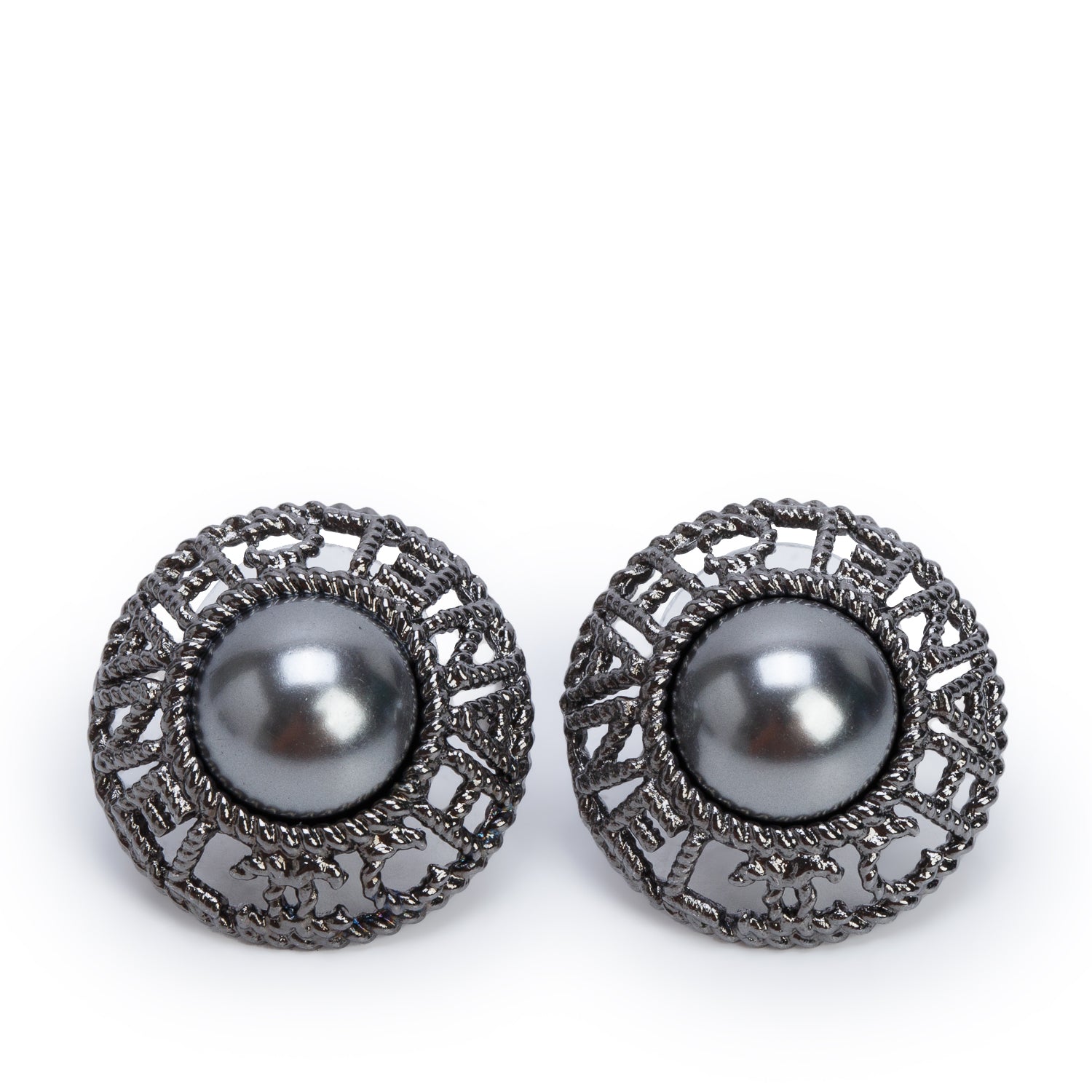 Chanel Ruthenium Plated Faux Pearl Logo Round Stud Earrings w/ Box & Receipt