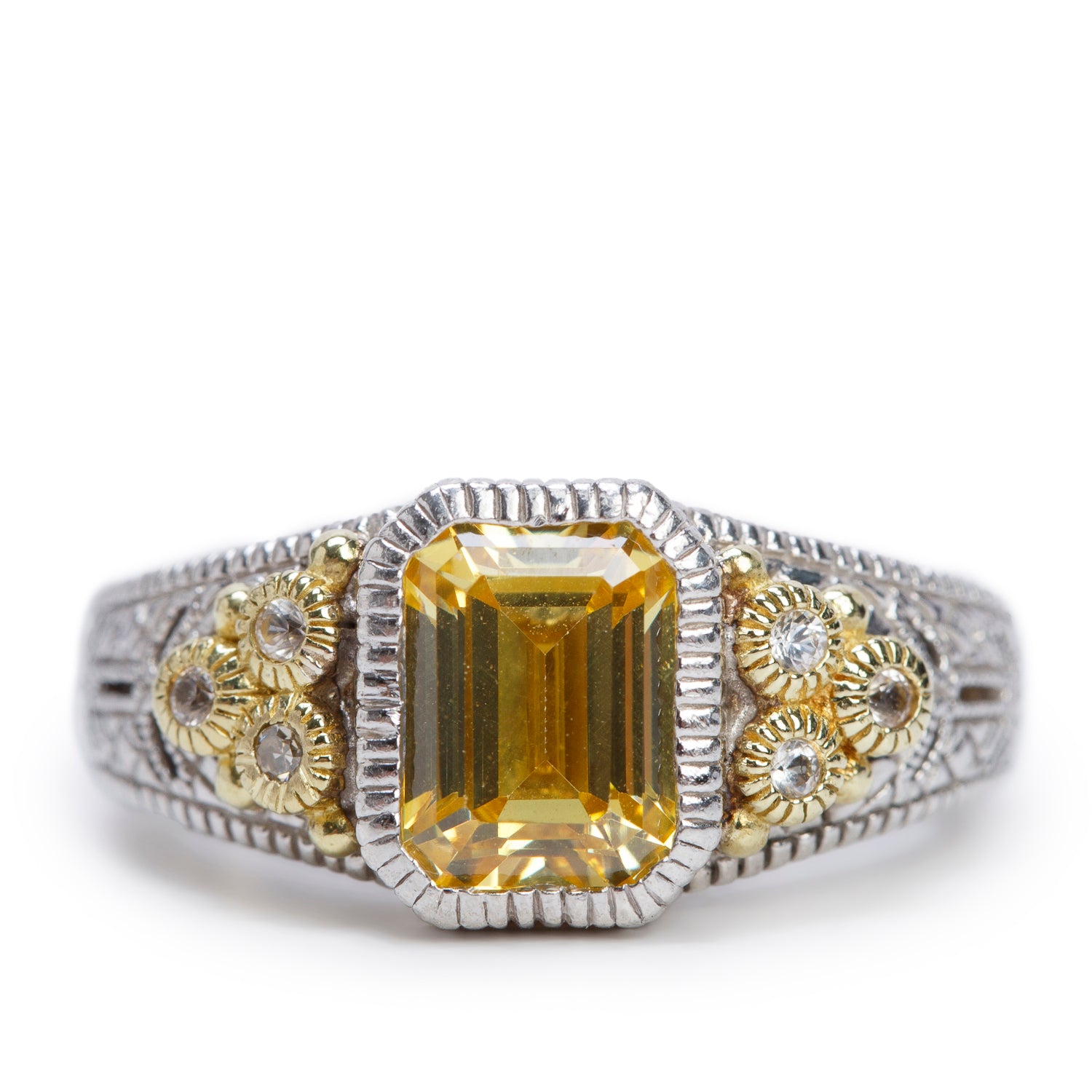 Judith Ripka Sterling Silver & 18k Yellow Gold Canary Crystal and Diamond Cocktail Ring, Size 5.75