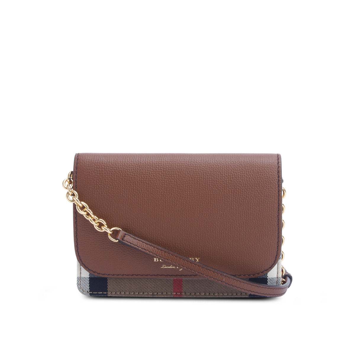 Burberry Brown Grained Calfskin House Check Tartan Mix Hampshire Wallet On Chain