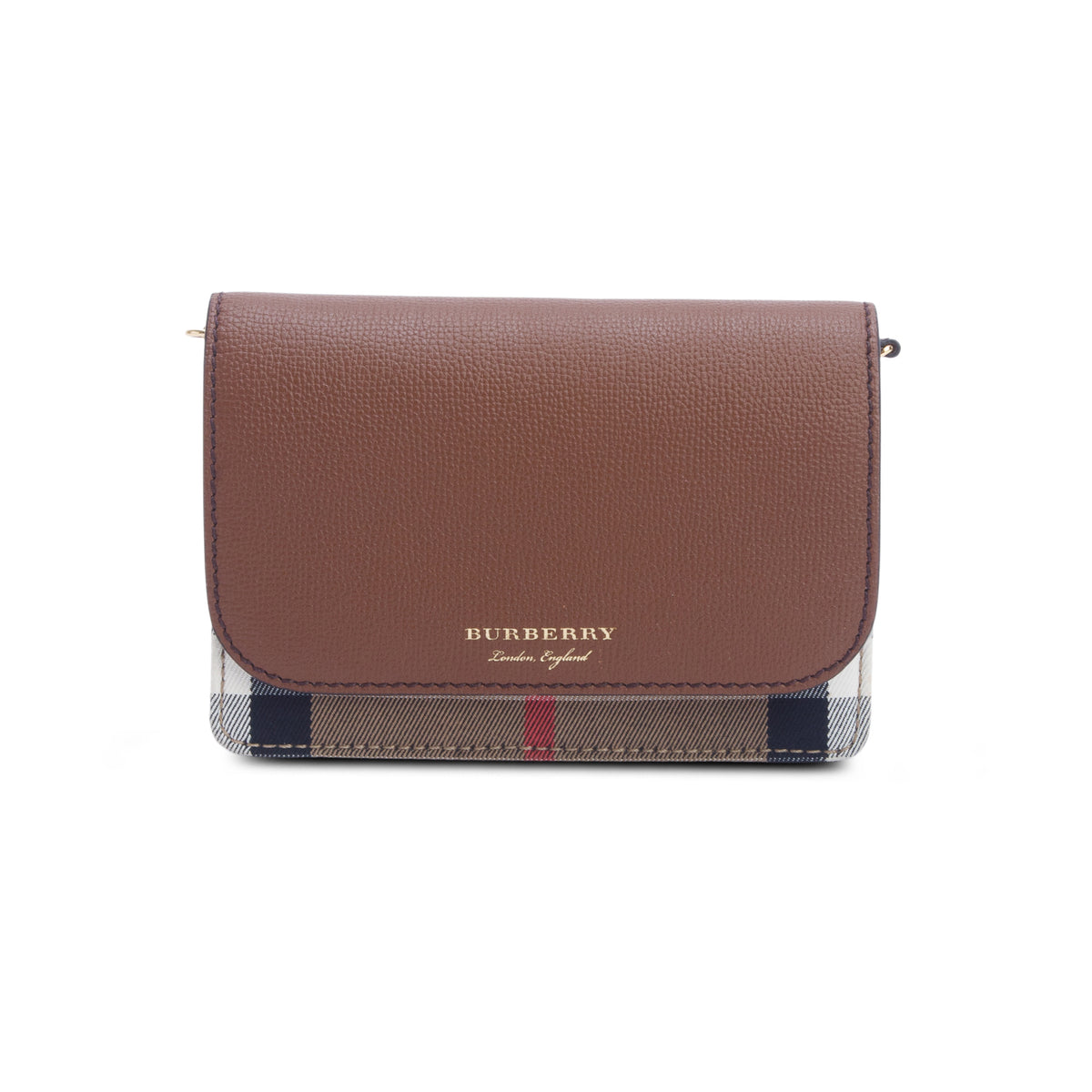 Burberry Brown Grained Calfskin House Check Tartan Mix Hampshire Wallet On Chain