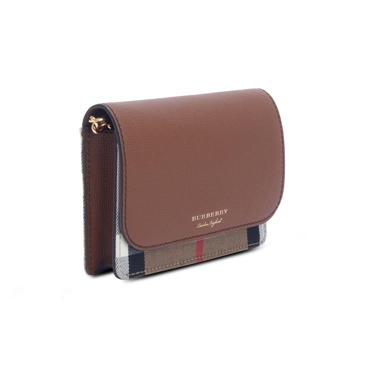 Burberry Brown Grained Calfskin House Check Tartan Mix Hampshire Wallet On Chain