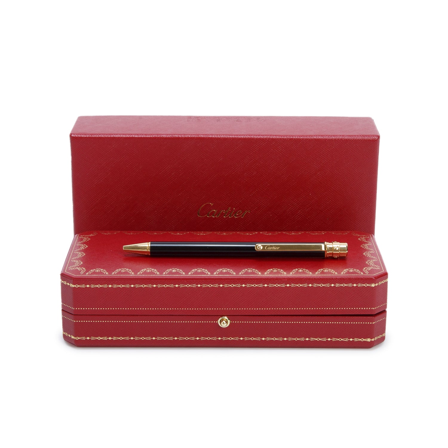 Cartier Gold-Plated Black Lacquer Santos De Cartier Ballpoint Pen, Small Model w/ Box