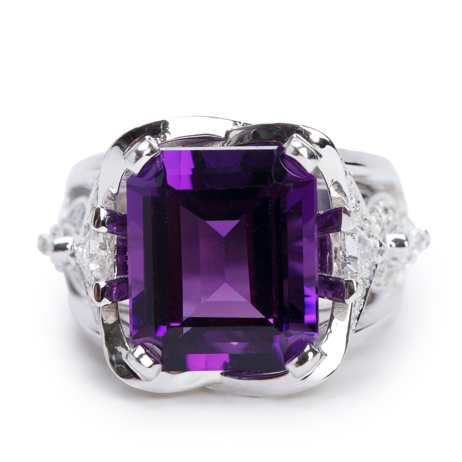 14k White Gold Amethyst & Diamond Ring, Size 7.5