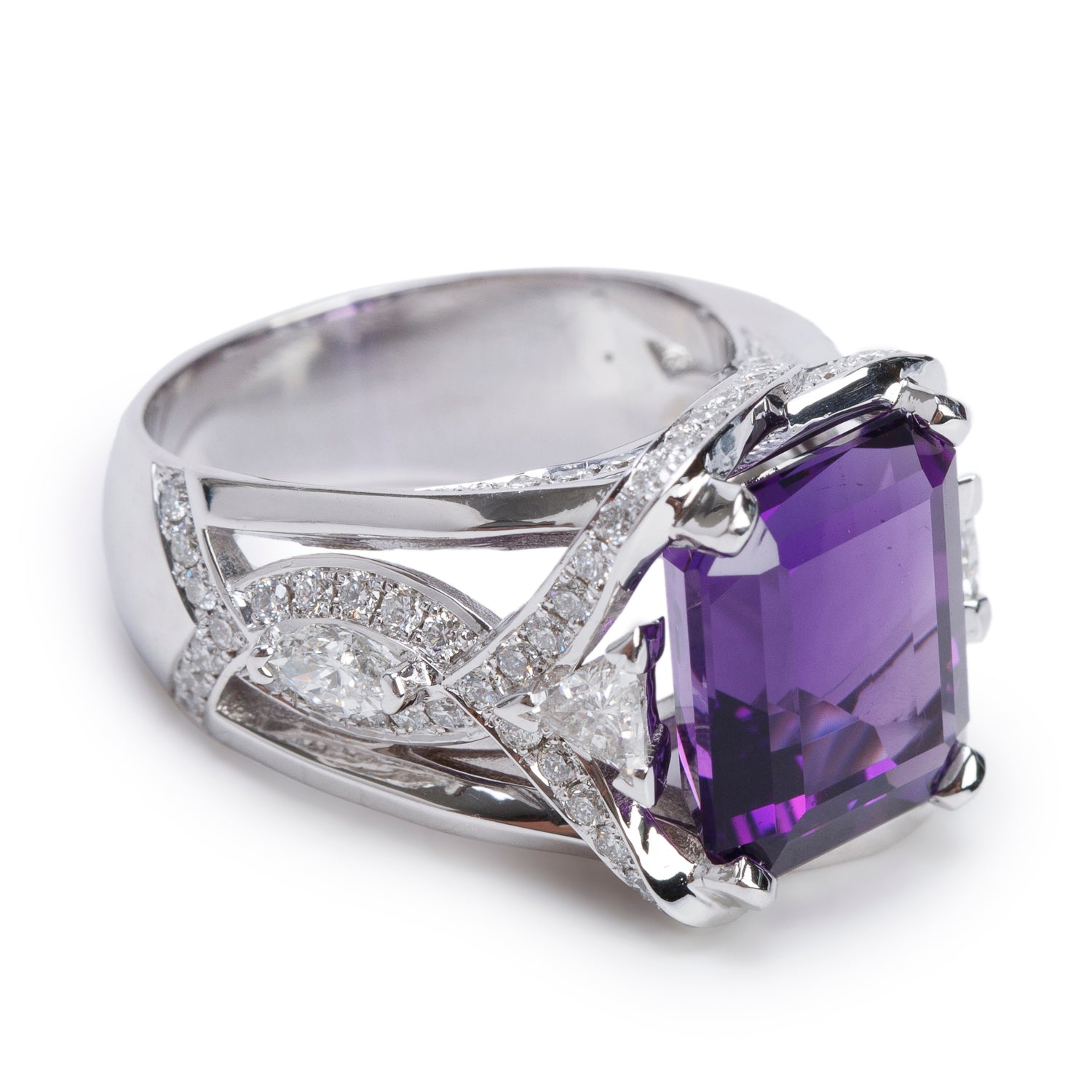 14k White Gold Amethyst & Diamond Ring, Size 7.5