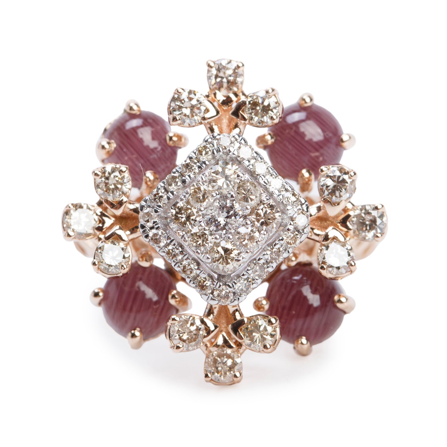 14k Rose and White Gold Agate & Diamond Cocktail Ring, Size 6.5