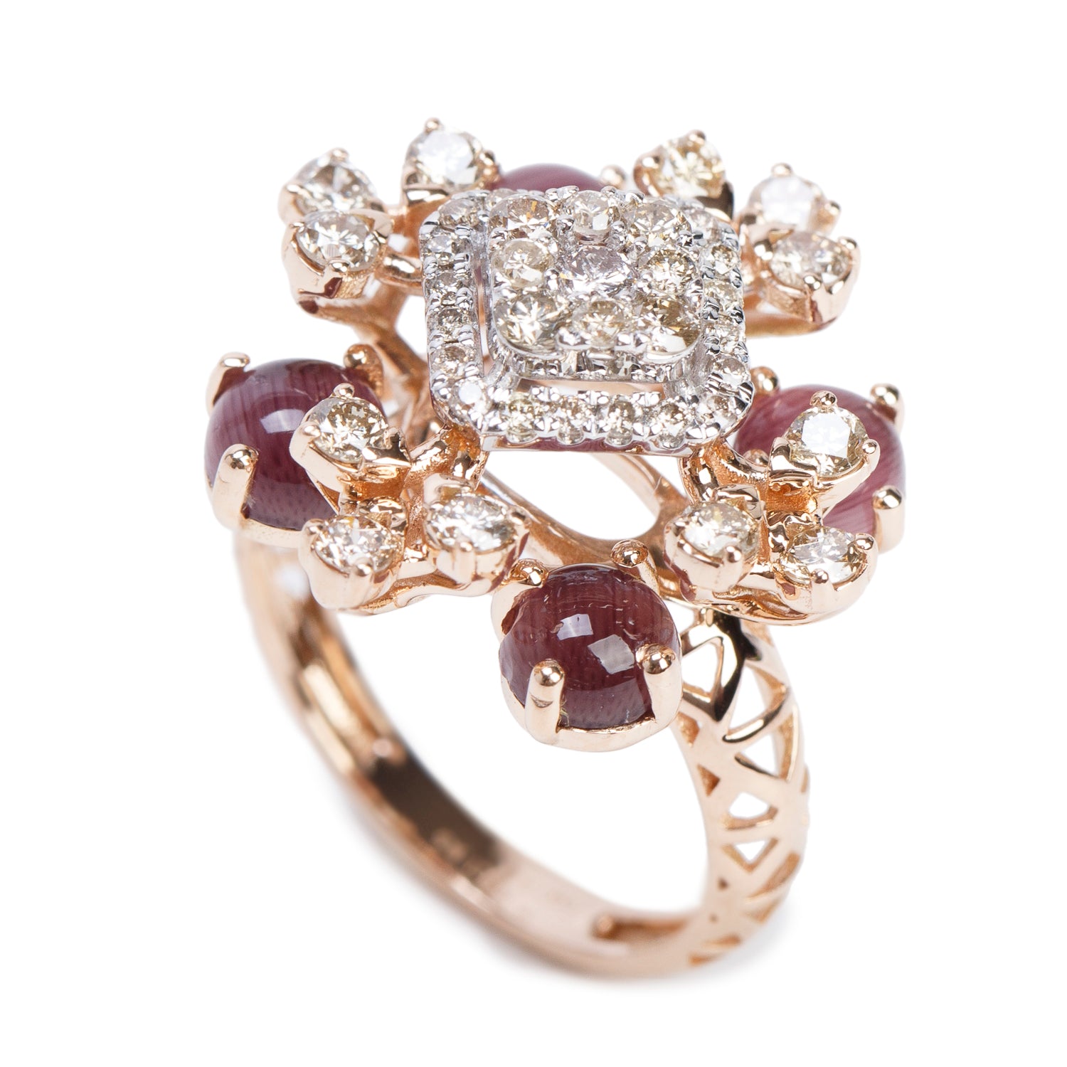 14k Rose and White Gold Agate & Diamond Cocktail Ring, Size 6.5